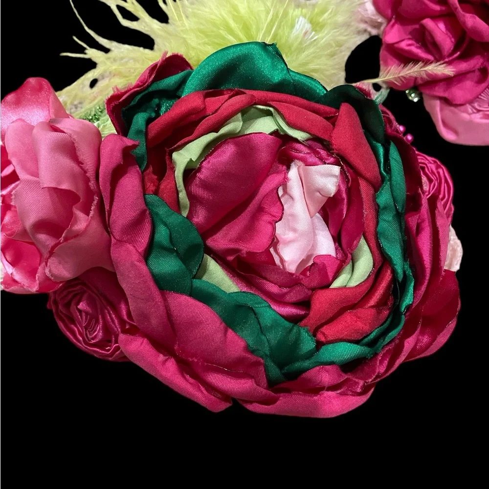 Oversized satin hair bow flower headband satin feather pearl & lace pink green